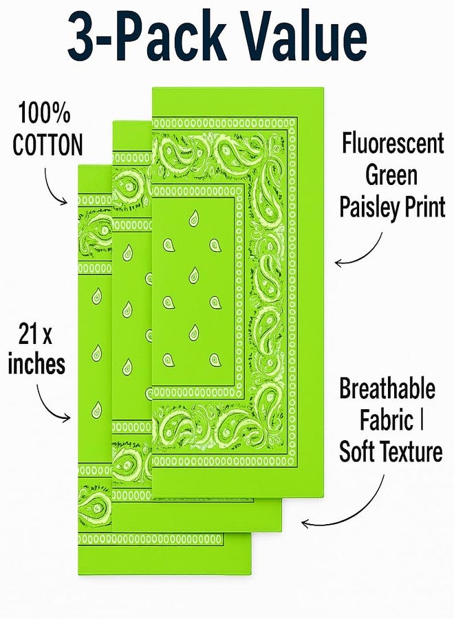 SUNRIBE Paisley Bandanas 3-Pack - 100% Cotton 21x21 Inch (Fluorescent Green) - Image 4